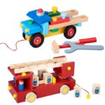Wooden Toy Fire Truck & Car Transport Vehicle Set for Kids 